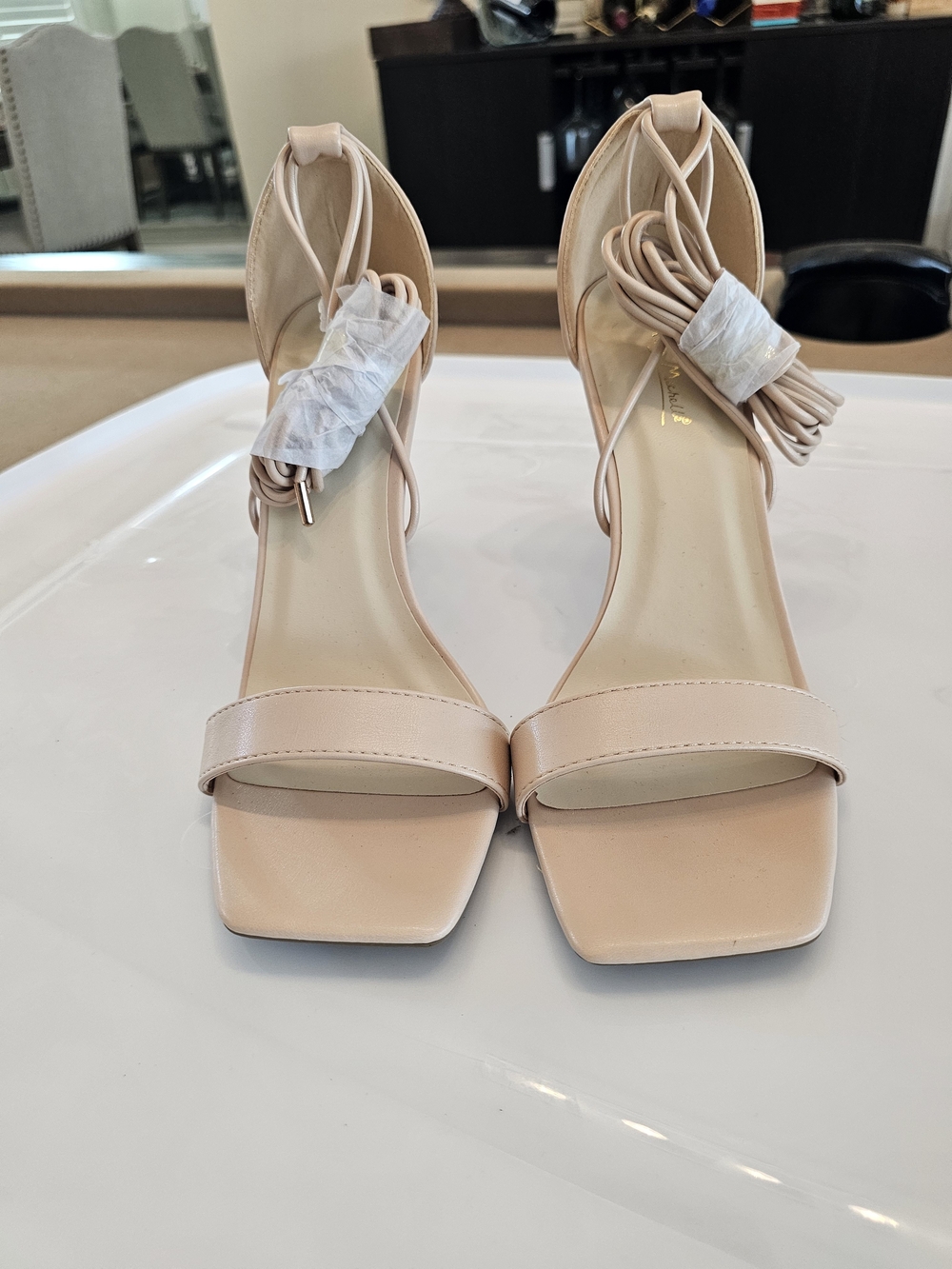 Anne Michelle Blush Nude Ankle Tie Block Heels